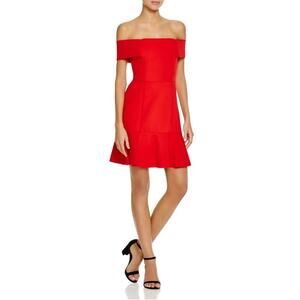N/Nicholas Off The Shoulder Red Mini Dress Straight Neckline Ruffled Hem 10 NEW